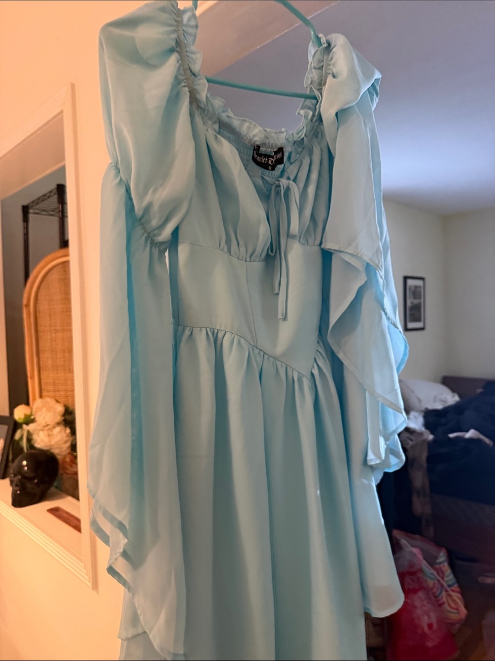 Light Blue Chiffon Ruffle Mini Dress with Bishop Sleeves